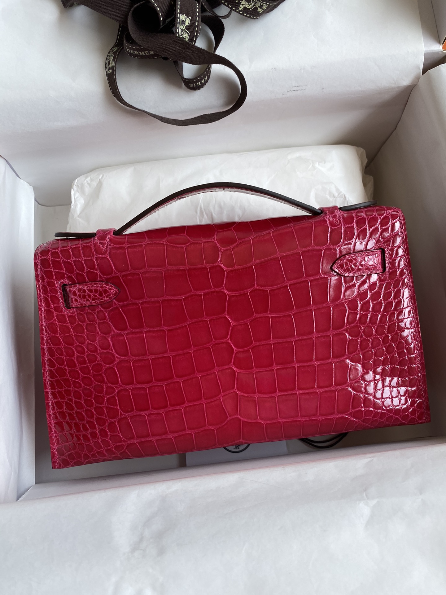 Hermes Mini Kelly Pochette 22cm Bag In Rose Red Shiny Alligator Leather